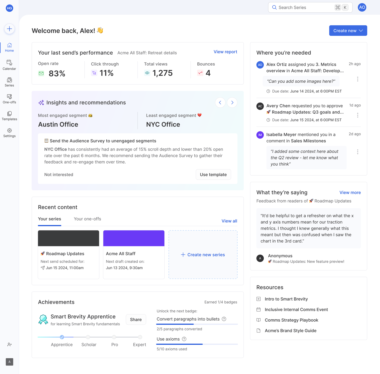 Axios HQ ROI Dashboard for the editor persona