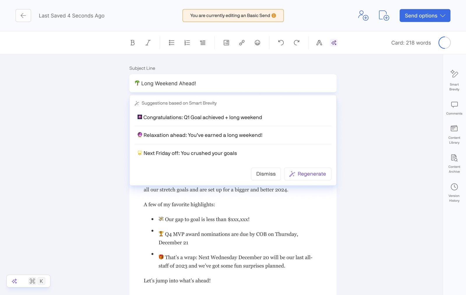 Axios HQ editor showing the Smart Brevity AI panel with three subject-line suggestions, Dismiss and Regenerate controls, and the writer's draft below.