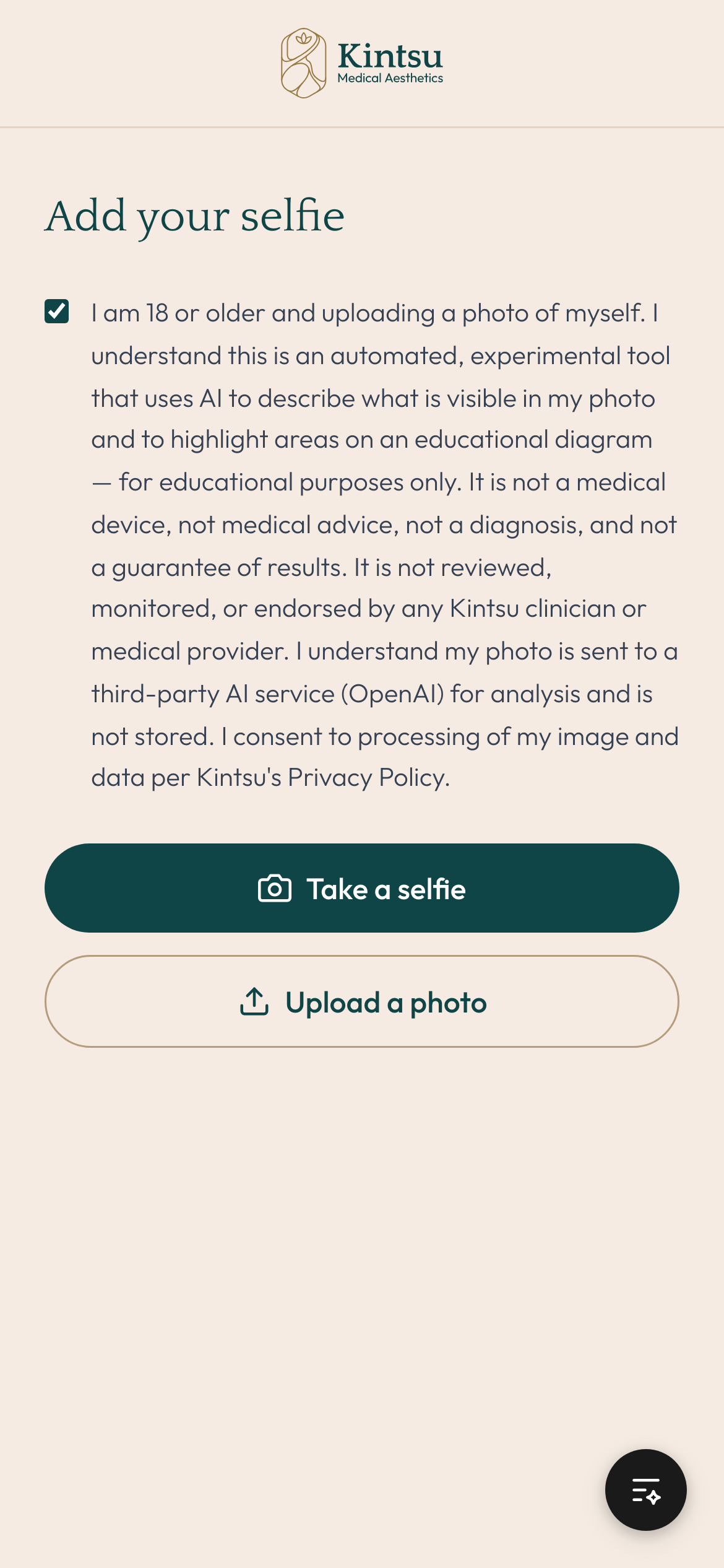 Kintsu mobile consent and upload screen with the consent gate above the selfie upload, the app logo visible at the top.