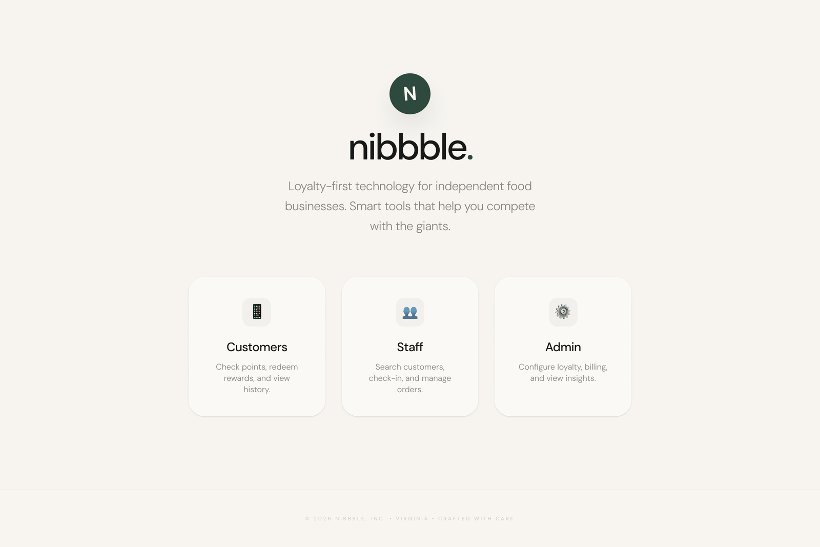 The Nibbble app surface: the round green N badge, the wordmark, a one-line value proposition, and three portal cards labeled Customers, Staff, and Admin.